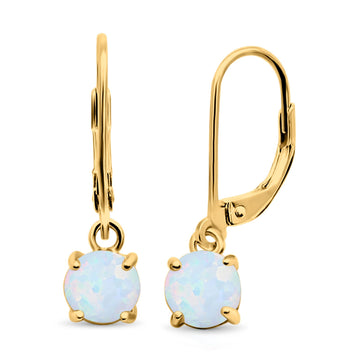 Round Yellow Tone, Lab Created White Opal Leverback Earrings 925 Sterling Silver (25.4mm)